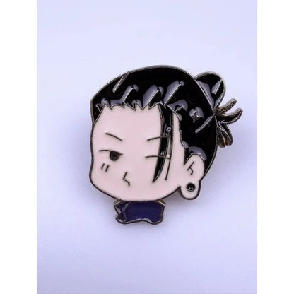 Black and pink jujutsu kaisen alloy brooch featuring chibi gojo satoru with short hair and dark blue collar enamel pin