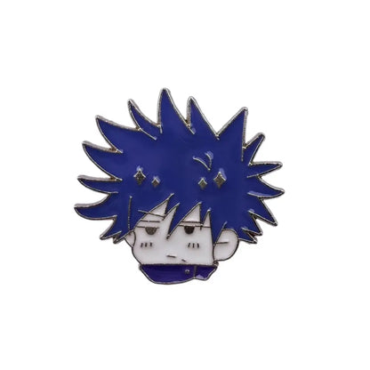 A blue and white enamel jujutsu kaisen alloy brooch featuring a stylized spiky hair anime character design