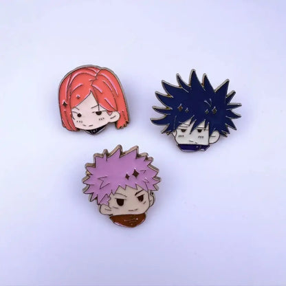 Three jujutsu kaisen chibi anime enamel pin badges with colored hair and metallic alloy brooch outlines