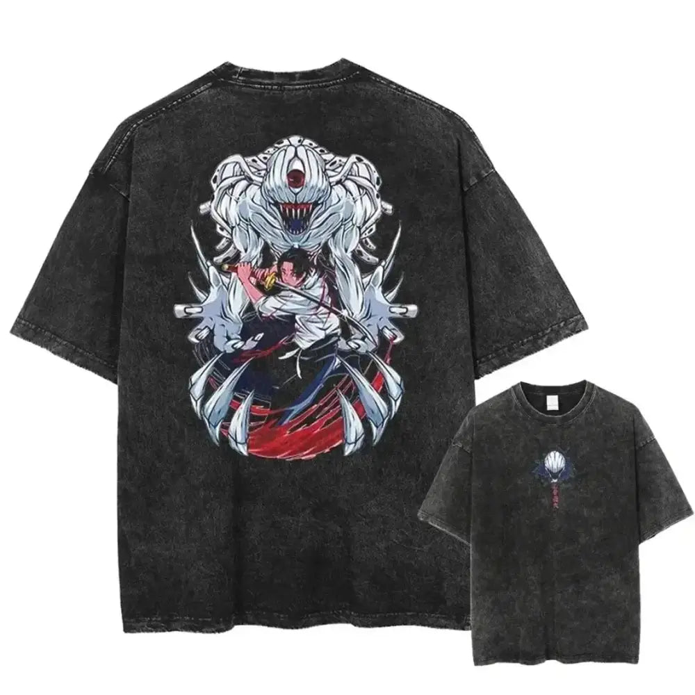 Black distressed cotton t-shirt with washed graphic of jujutsu kaisen gojo satoru battling white monster