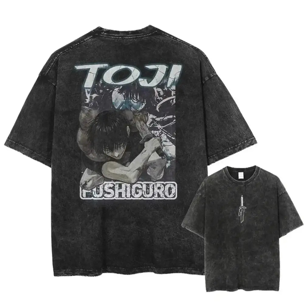 Black distressed cotton jujutsu kaisen t-shirt featuring toji fushiguro graphic print on back and dagger front detail