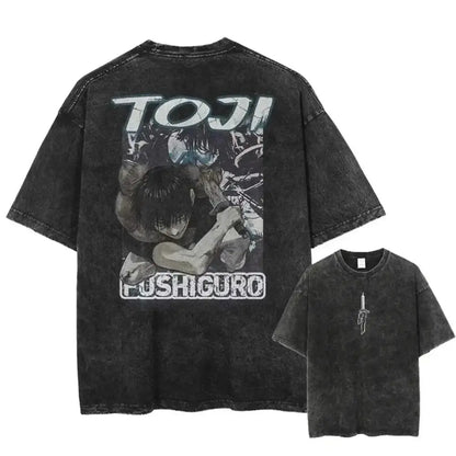 Black distressed cotton jujutsu kaisen t-shirt featuring toji fushiguro graphic print on back and dagger front detail