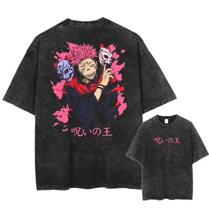 Black oversized jujutsu kaisen gojo satoru baggy t-shirt with washed graphic in pink and blue anime design