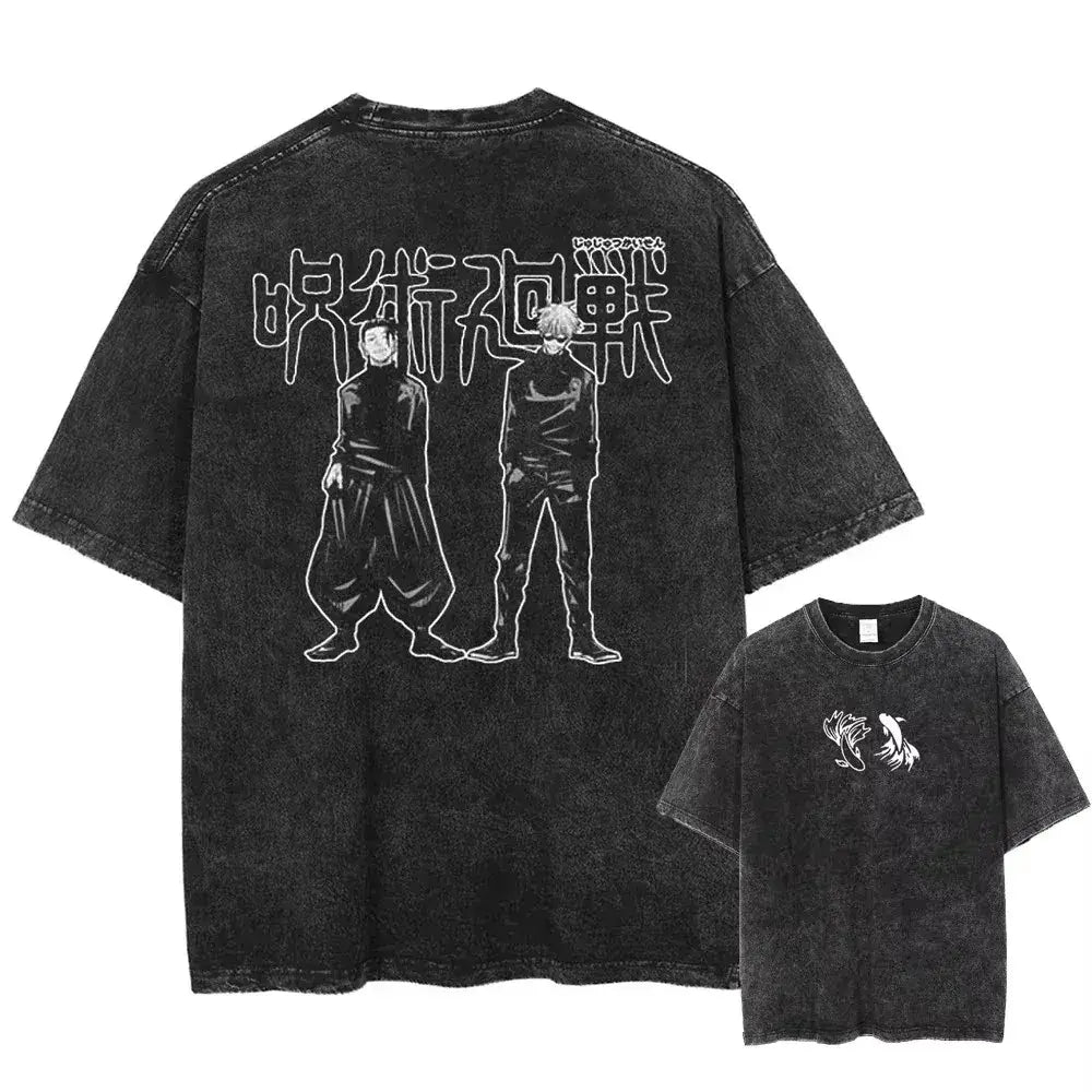 Black distressed cotton t-shirt with washed graphic jujutsu kaisen anime characters on back and small fish design front