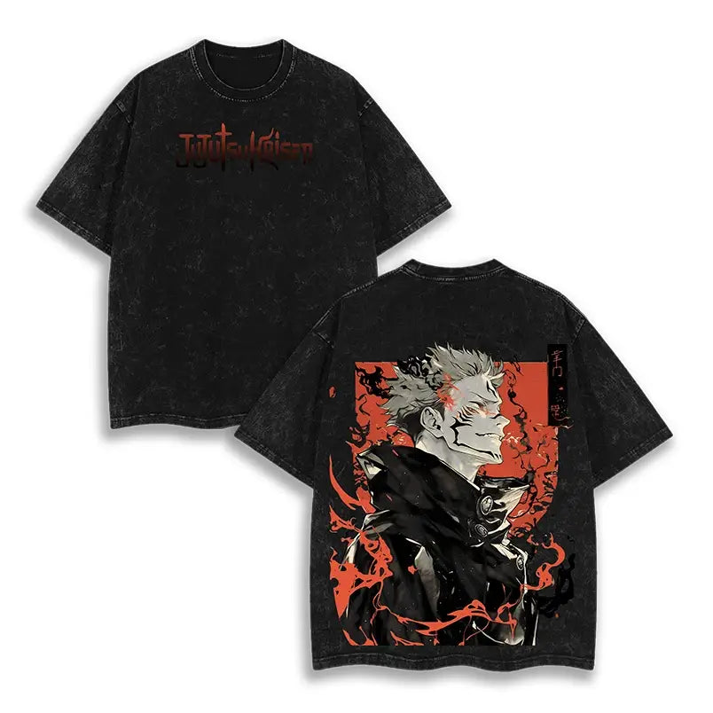 Black distressed cotton jujutsu kaisen gojo satoru baggy t-shirt with bold red black anime graphic on back and washed graphic print