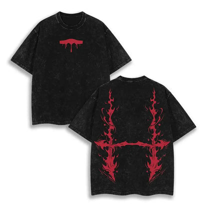 Black distressed cotton jujutsu kaisen gojo satoru baggy t shirt with bold red flame washed graphic on the back