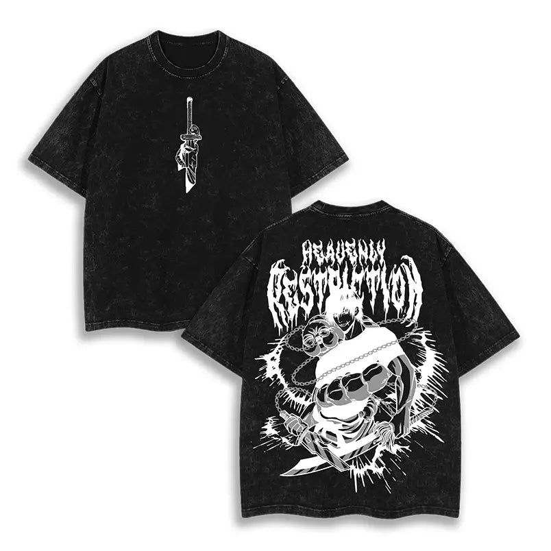 Black distressed cotton jujutsu kaisen washed graphic t-shirt with skull sword front and beautiful destruction back design