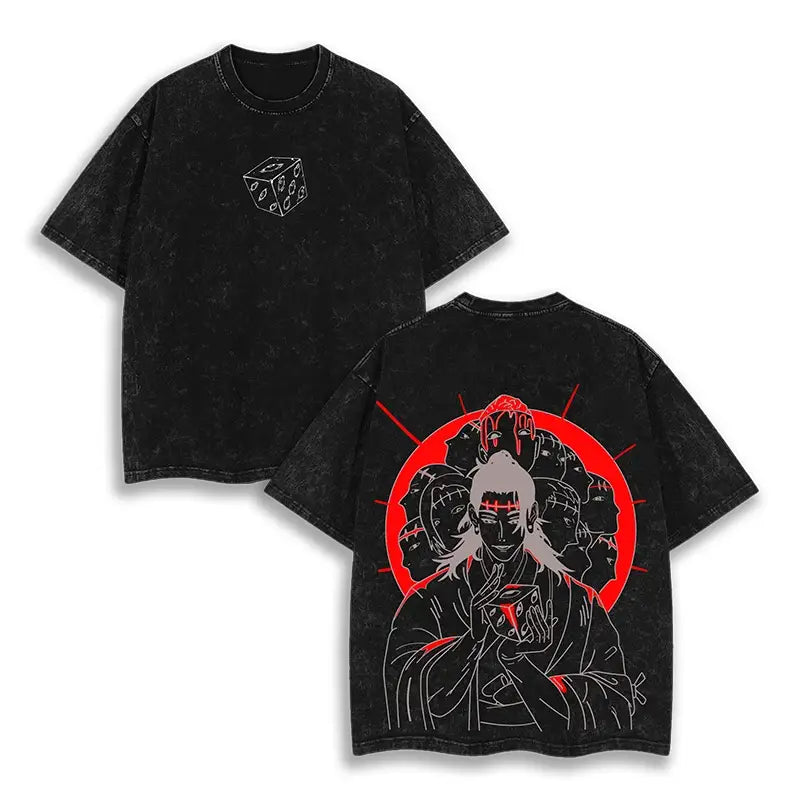 Black distressed cotton jujutsu kaisen gojo satoru baggy t-shirt with bold washed graphic anime design on back side