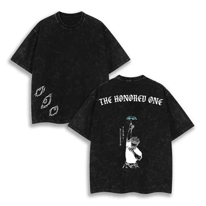Black distressed cotton jujutsu kaisen t-shirt with washed graphic of gojo satoru holding umbrella and three eyes