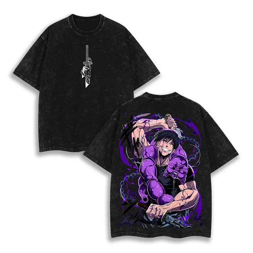 Black distressed cotton jujutsu kaisen t-shirt with a washed graphic purple anime character front and white sword back design