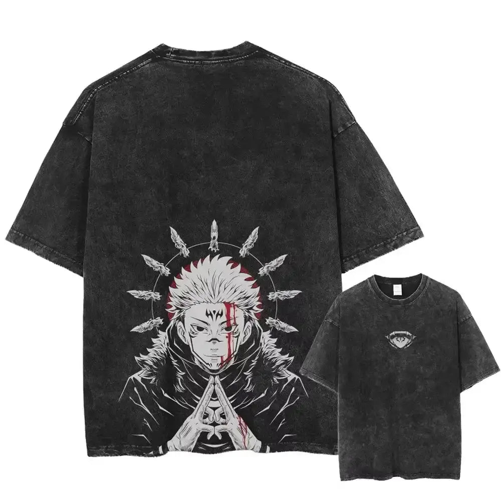 Black distressed cotton jujutsu kaisen gojo satoru baggy t-shirt with washed graphic featuring white and red anime design