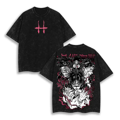 Black distressed cotton t shirt with washed graphic of hunter x hunter anime characters on back and pink h logo front