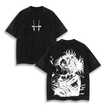 Black distressed cotton jujutsu kaisen gojo satoru baggy t shirt with white stylized h and anime graphic on back
