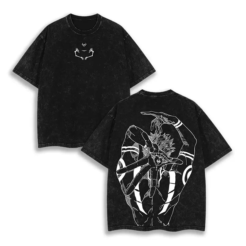 Black distressed cotton jujutsu kaisen gojo satoru baggy t-shirt with white line art and washed graphic on front and back
