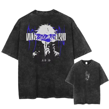 Black distressed cotton jujutsu kaisen gojo satoru baggy t shirt with washed graphic on back and front designs