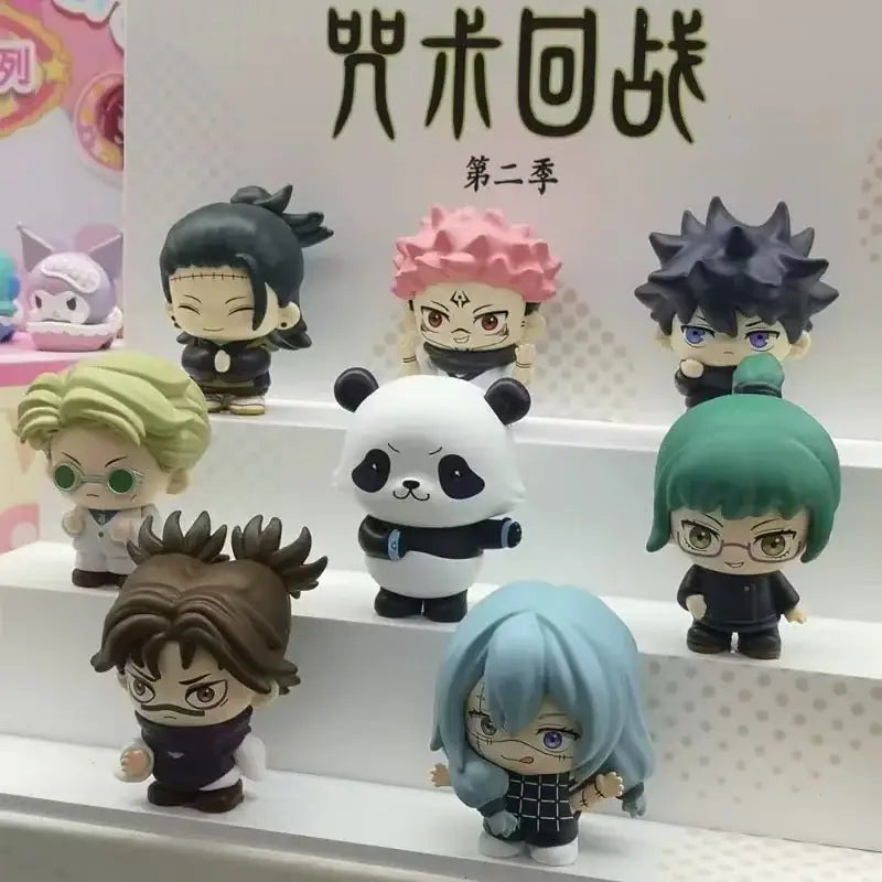 Chibi-style jujutsu kaisen gojo satoru blind box doll featuring colorful collectible figures with distinct hairstyles and outfits