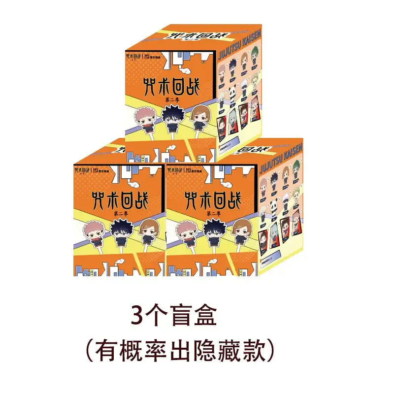 Orange cardboard blind box dolls featuring chibi gojo satoru from jujutsu kaisen season 2 stacked in a pyramid