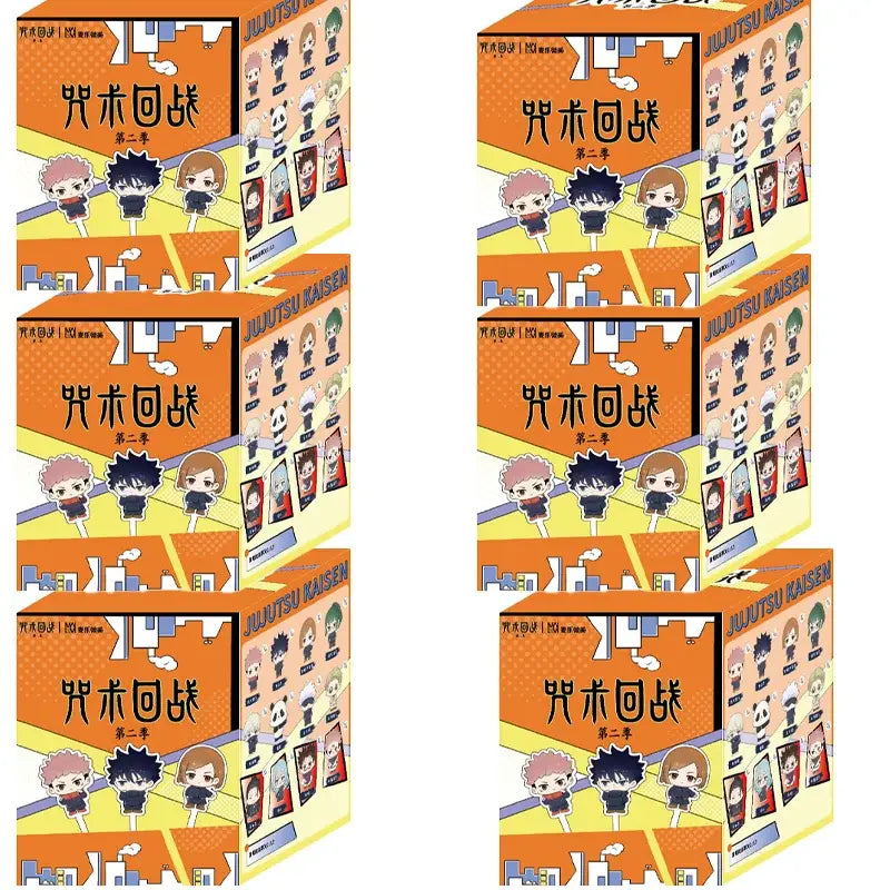 Orange and yellow cardboard blind box featuring chibi jujutsu kaisen gojo satoru doll from season 2 collection