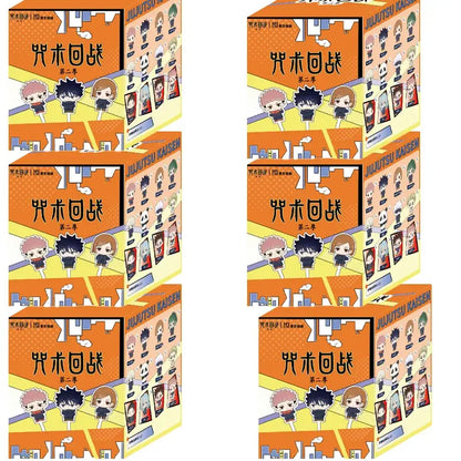 Orange and yellow cardboard blind box featuring chibi jujutsu kaisen gojo satoru doll from season 2 collection
