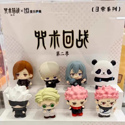 Set of six chibi-style jujutsu kaisen blind box plastic figurines featuring gojo satoru and colorful outfits
