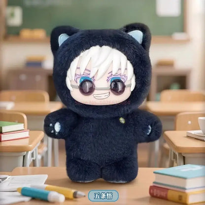 Black plush pendant of Gojo Satoru with white hair blue eyes and cat ears from jujutsu kaisen cat park party