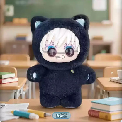 Black plush pendant with white hair cat ears and smiling face from jujutsu kaisen cat park party collection