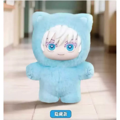 Jujutsu Kaisen Gojo Satoru soft light blue plush pendant with white hair wearing fuzzy bear costume for cat park party