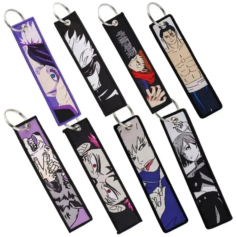 Anime-themed jujutsu kaisen gojo satoru embroidery keychains with colorful fabric designs for bag charms