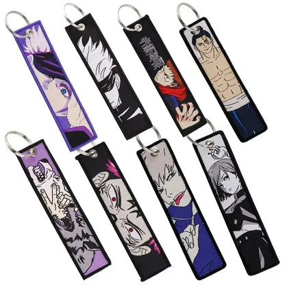 Anime-themed jujutsu kaisen gojo satoru embroidery keychains with colorful fabric designs for bag charms
