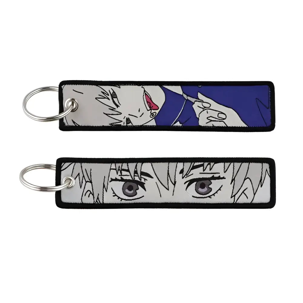 Two jujutsu kaisen gojo satoru embroidery keychains with blue white face and close-up eyes on gray background bag charm