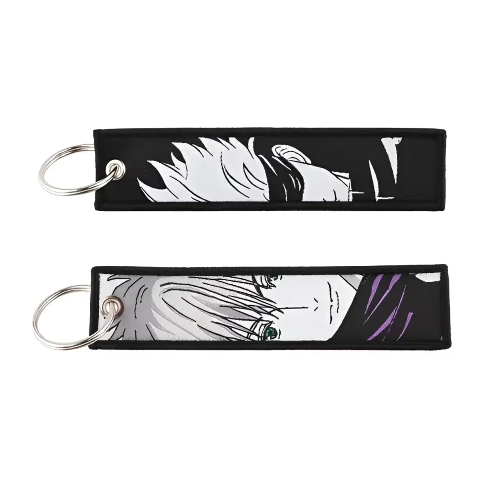 Black fabric keychain with gojo satoru embroidery and silver rings for jujutsu kaisen gojo bag charm