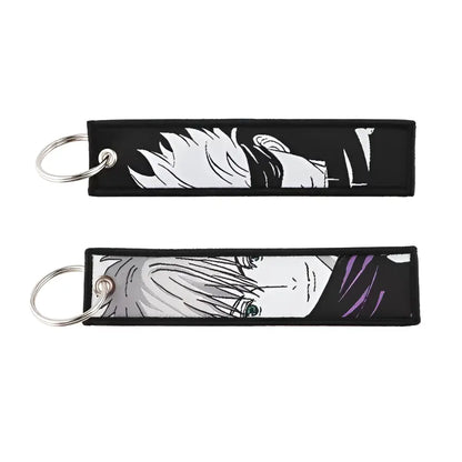Black fabric keychain with gojo satoru embroidery and silver rings for jujutsu kaisen gojo bag charm