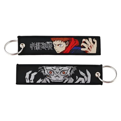 Black embroidered jujutsu kaisen gojo satoru keychain with red-haired protagonist and menacing creature designs for bag charm