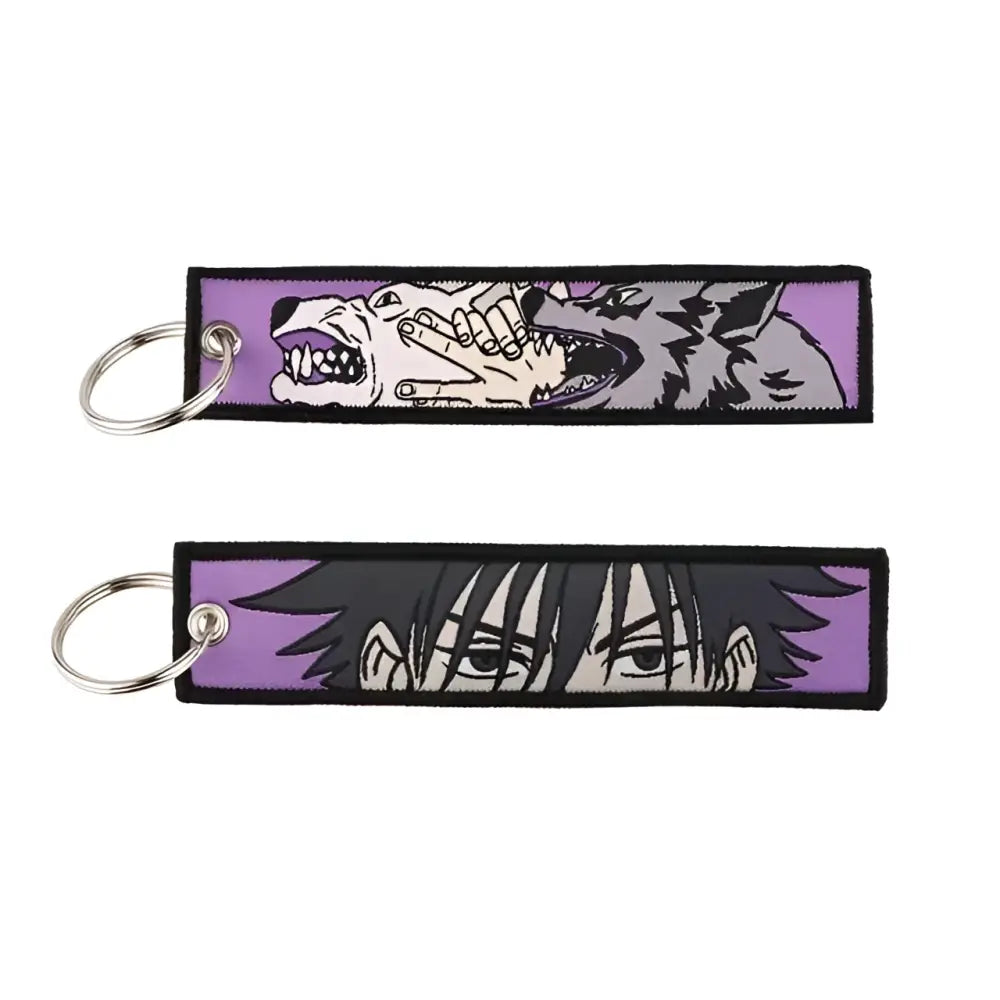 Purple embroidered jujutsu kaisen gojo satoru keychain with black trim and silver metal ring bag charm