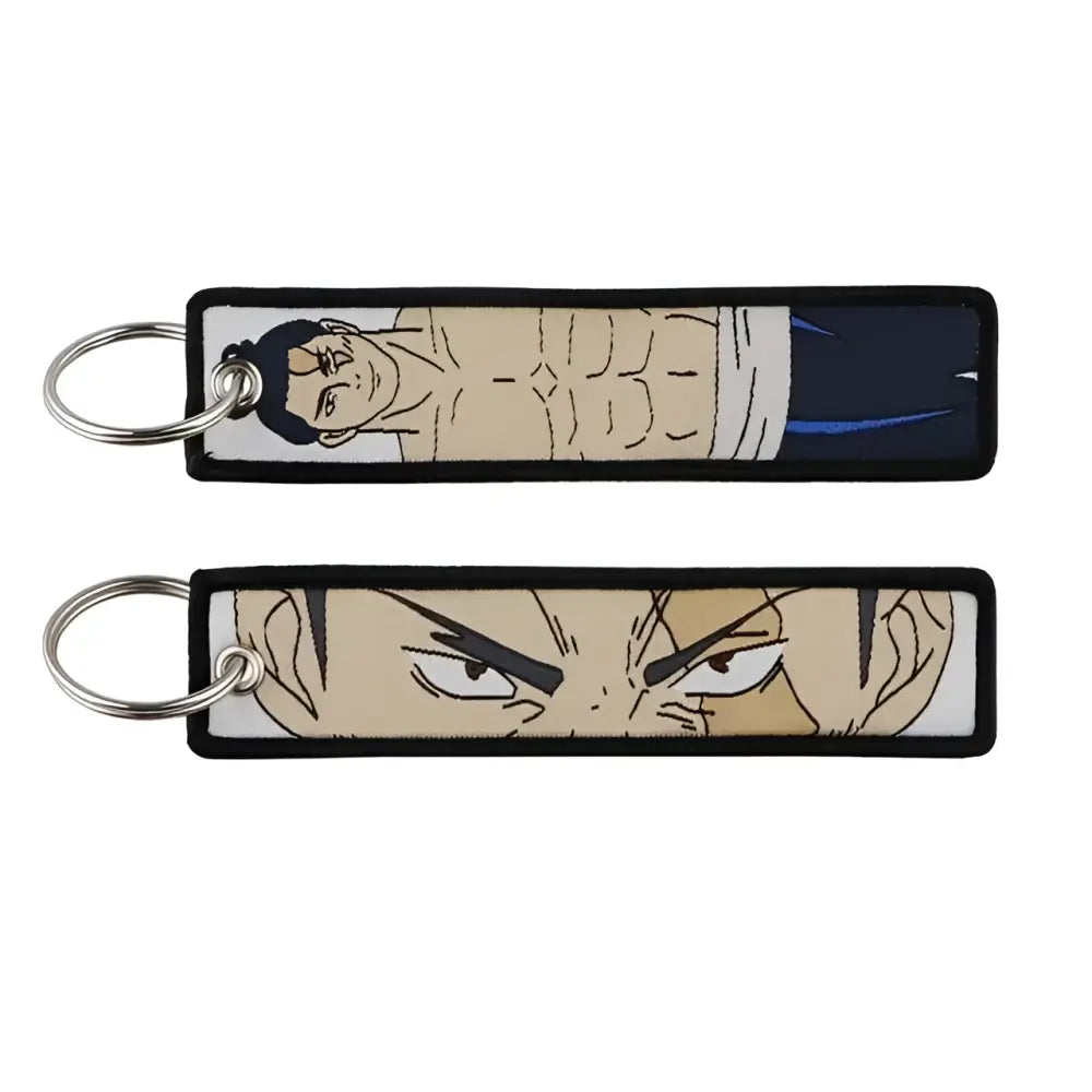 Two rectangular jujutsu kaisen gojo satoru embroidery keychains featuring a muscular figure and intense eyes design