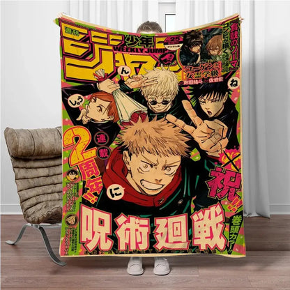Vibrant jujutsu kaisen flannel blanket featuring plush soft throw with gojo satoru manga cover design in bright green and yellow