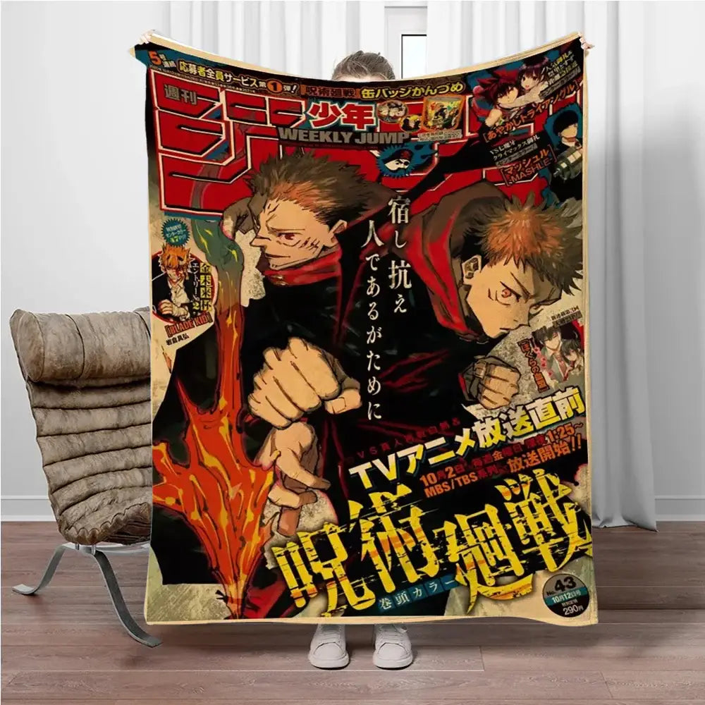 Jujutsu kaisen flannel blanket featuring a soft cozy throw with vibrant red and yellow anime magazine cover design