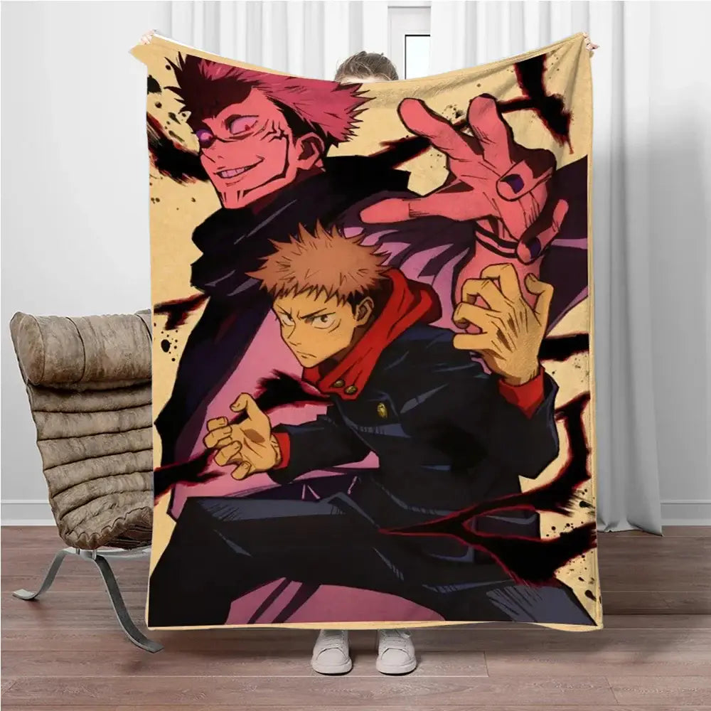 A cozy beige flannel blanket featuring a vibrant jujutsu kaisen anime design of gojo satoru and another character