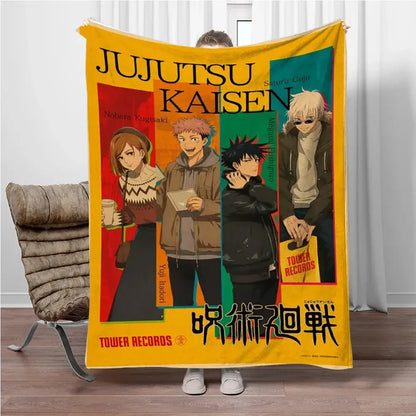 Yellow jujutsu kaisen flannel blanket with vibrant design featuring gojo satoru and tower records branding