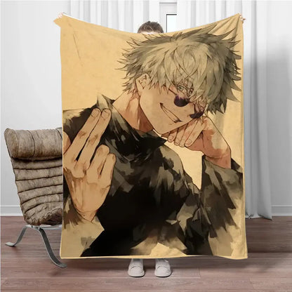 A soft tan jujutsu kaisen flannel blanket featuring a detailed illustration of gojo satoru with silver hair and sunglasses