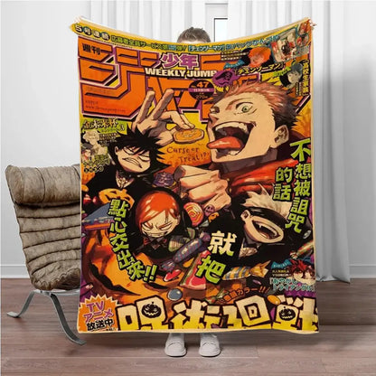 Vibrant orange and black jujutsu kaisen flannel blanket featuring a dynamic manga cover design from weekly shonen jump