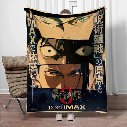 Jujutsu kaisen gojo satoru flannel blanket with bold anime design featuring green and brown eyes on dark background