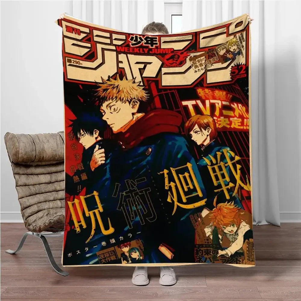 A cozy soft flannel blanket featuring a vibrant jujutsu kaisen manga cover design from issue 290 for warm throws