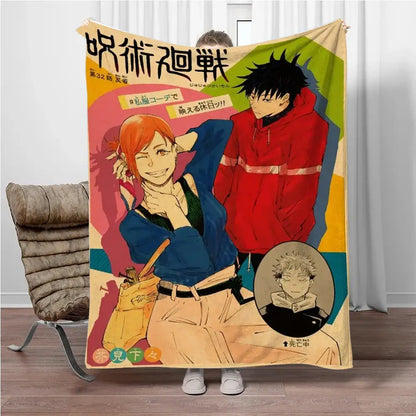 Cozy soft flannel blanket featuring vibrant jujutsu kaisen anime artwork with bold colors and dynamic poses