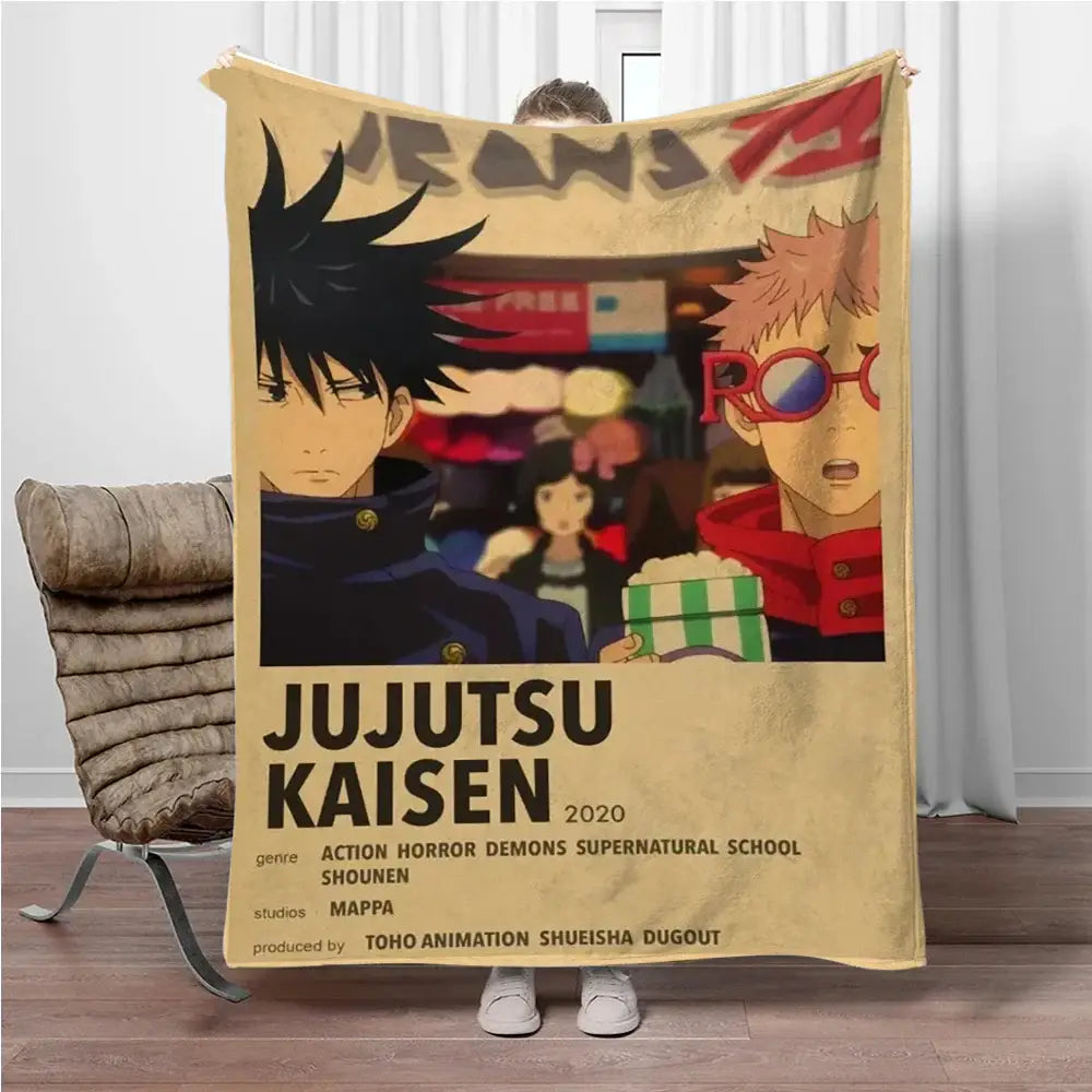 Beige jujutsu kaisen flannel blanket featuring vintage poster design with bold black and red text printed on soft fabric