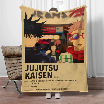 Beige jujutsu kaisen flannel blanket featuring vintage poster design with bold black and red text printed on soft fabric