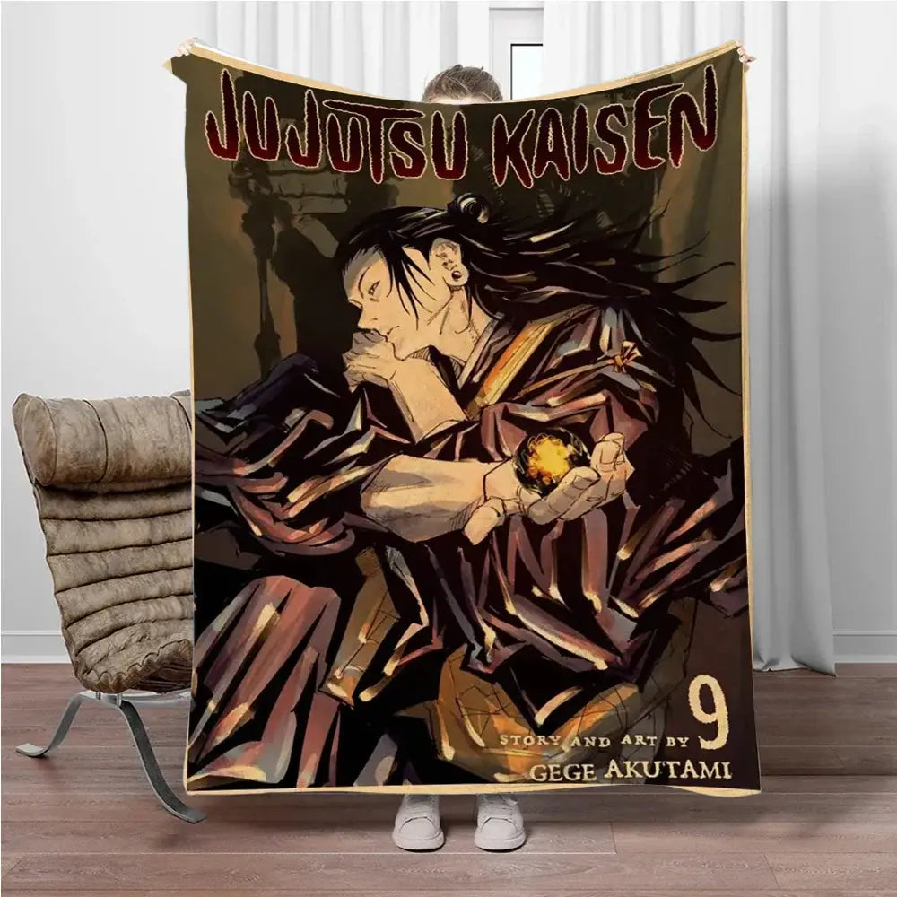 A dark-toned jujutsu kaisen flannel blanket featuring gojo satoru in a dramatic pose with a glowing orb