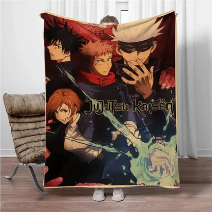 A cozy flannel blanket featuring vibrant jujutsu kaisen anime characters with glowing green energy effects