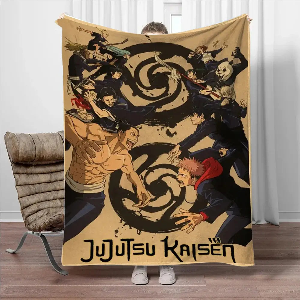 Beige jujutsu kaisen flannel blanket featuring dynamic black ink-style artwork of characters around a swirling symbol