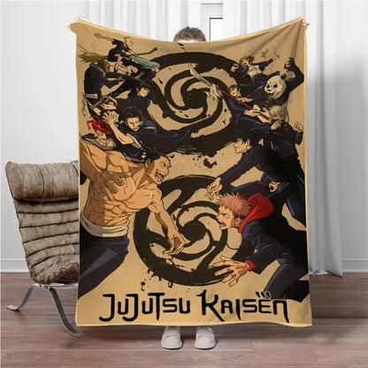 Beige jujutsu kaisen flannel blanket featuring dynamic black ink-style artwork of characters around a swirling symbol